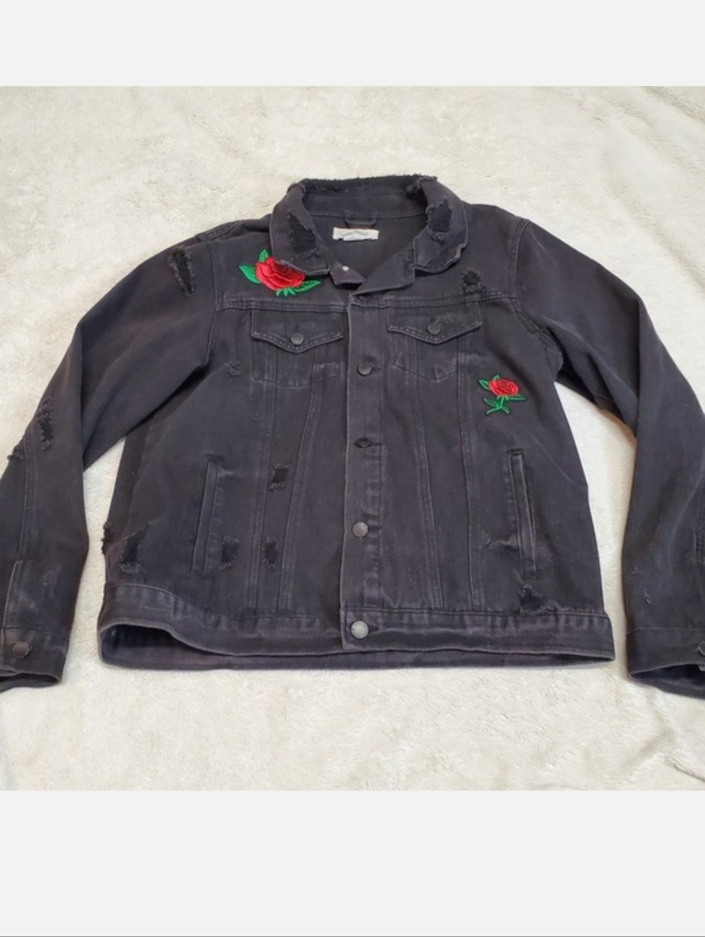 Black Wash Red Rose‎ Distressed Grunge Denim Jacket Medium Whimsigoth Fairy Punk